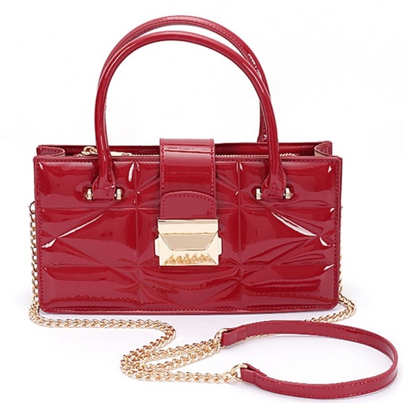 Burgundy Faux Patent Leather Convertible Top Handle Swing Bag - Picture 1 of 12